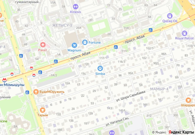 Карта: ветклиника Симба, Мамыр-4, 112, у проспекта Абая